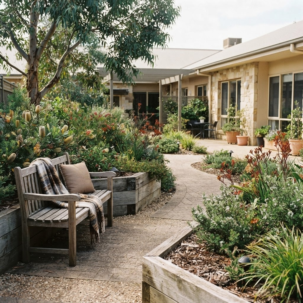A quiet garden courtyard with native plants and timber seating at Melaleuca